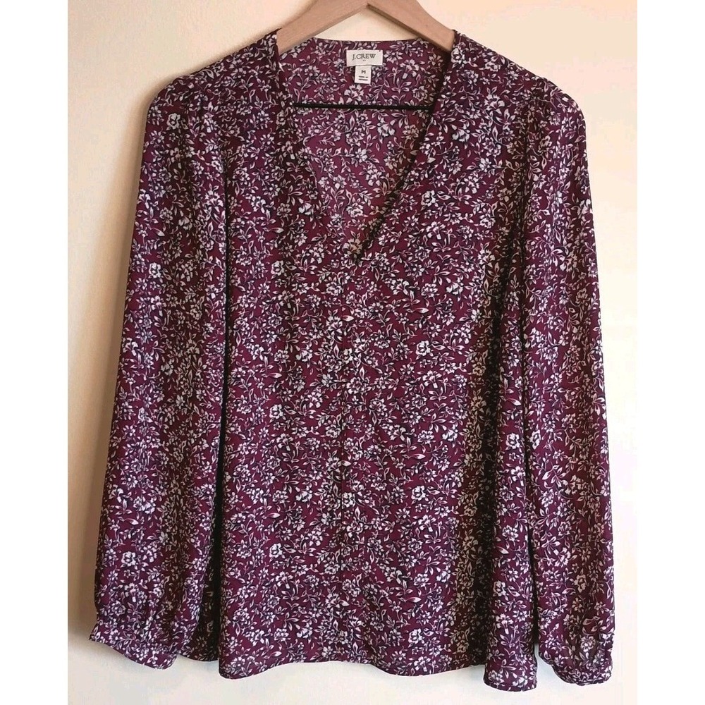 J.Crew M Berry Purple Floral Popover Blouse Split V Neck Long Sleeve Top